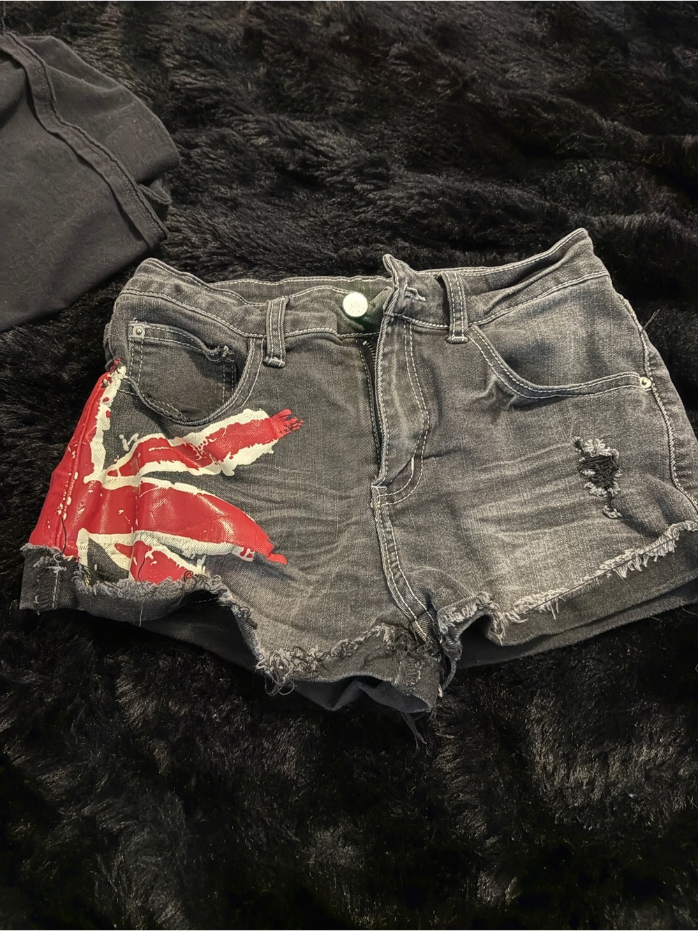 Women's Distressed Black Denim Shorts with UK emblem